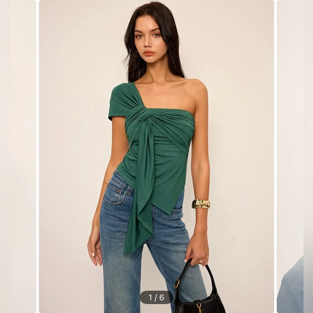 Commense One Shoulder Top with Drape Detail - Picture 3 of 6